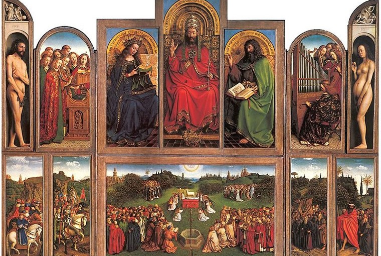 Jan Van Eyck: Polittico dell’Agnello Mistico o Polittico di Gand, cm. 350 x 461, Cattedrale di S. Bavone, Gand – Veduta con ante aperte, cm. 350 x 461, anni 1426-32.
